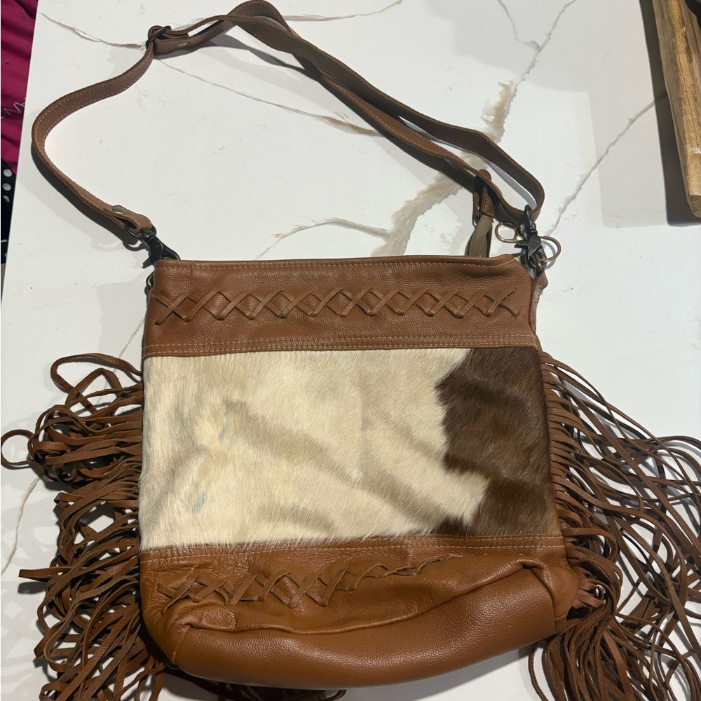 Myra Bag Tan and White Leather Shoulder Bag